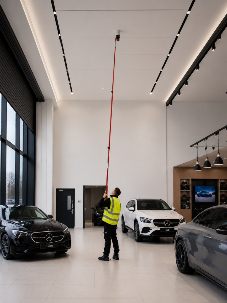 Fire alarm engineer testing smoke detector using telescopic pole from ground level